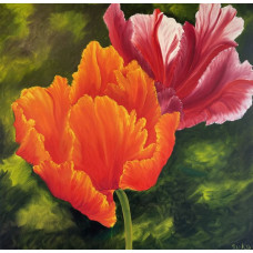 Oranje en rode tulpen schilderij